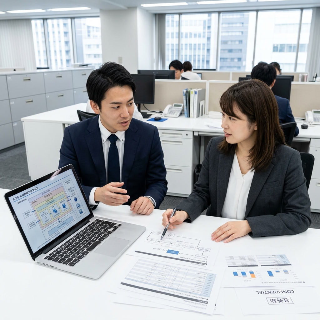 Japanese business professionals collaborating in a sunlit office