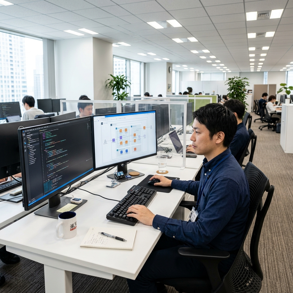 Developer coding on dual monitors in a high-end corporate setting